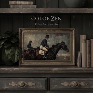 Moody equestrian wall art, antique jockey illustration, printable vintage horse racing painting, versatile decor for study, library, or living room.