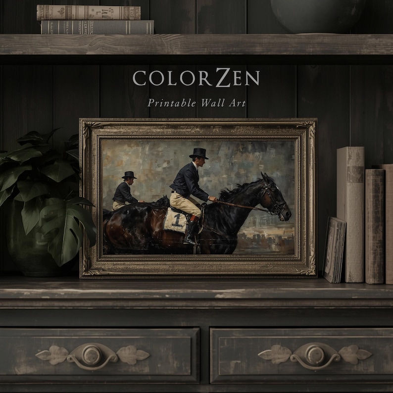 Moody equestrian wall art, antique jockey illustration, printable vintage horse racing painting, versatile decor for study, library, or living room.