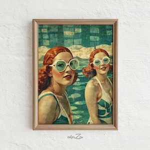 Retro Swimmers Wall Art, Vintage 50s Women Swimming Poster, Swimsuits Artwork Printable, Beach House Decor, Summer Vibes, DIGITAL DOWNLOAD