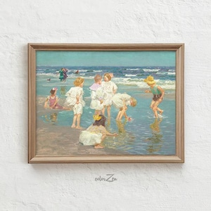 Stampa vintage con scena di spiaggia, bambini che giocano in riva al mare, arte estiva costiera, decorazioni per la camera dei bambini, download immediato, C19
