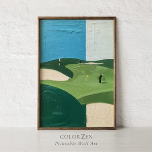 Puede incluir: Pintura abstracta de un campo de golf en un marco de madera. La obra presenta un campo de golf verde con trampas de arena, golfistas y una bandera amarilla. El cielo es azul y blanco. El texto "COLOR ZEN Printable Wall Art" está en la parte inferior.