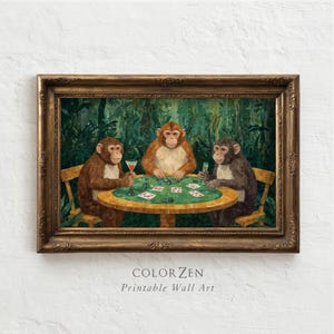 Three Monkey Art, Poker Night Print, Funny Jungle Animals Game Room Decor, Man Cave Poster, Playing Cards Bar Decor (Digital Download) L46