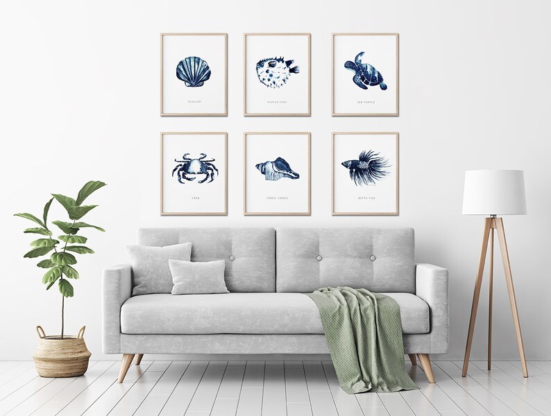 Ocean Themed Living Room Art Set Navy Blue Artwork Puffer Fish Art Betta Fish Print Sea Turtle Print Sea Life Print Set of 6