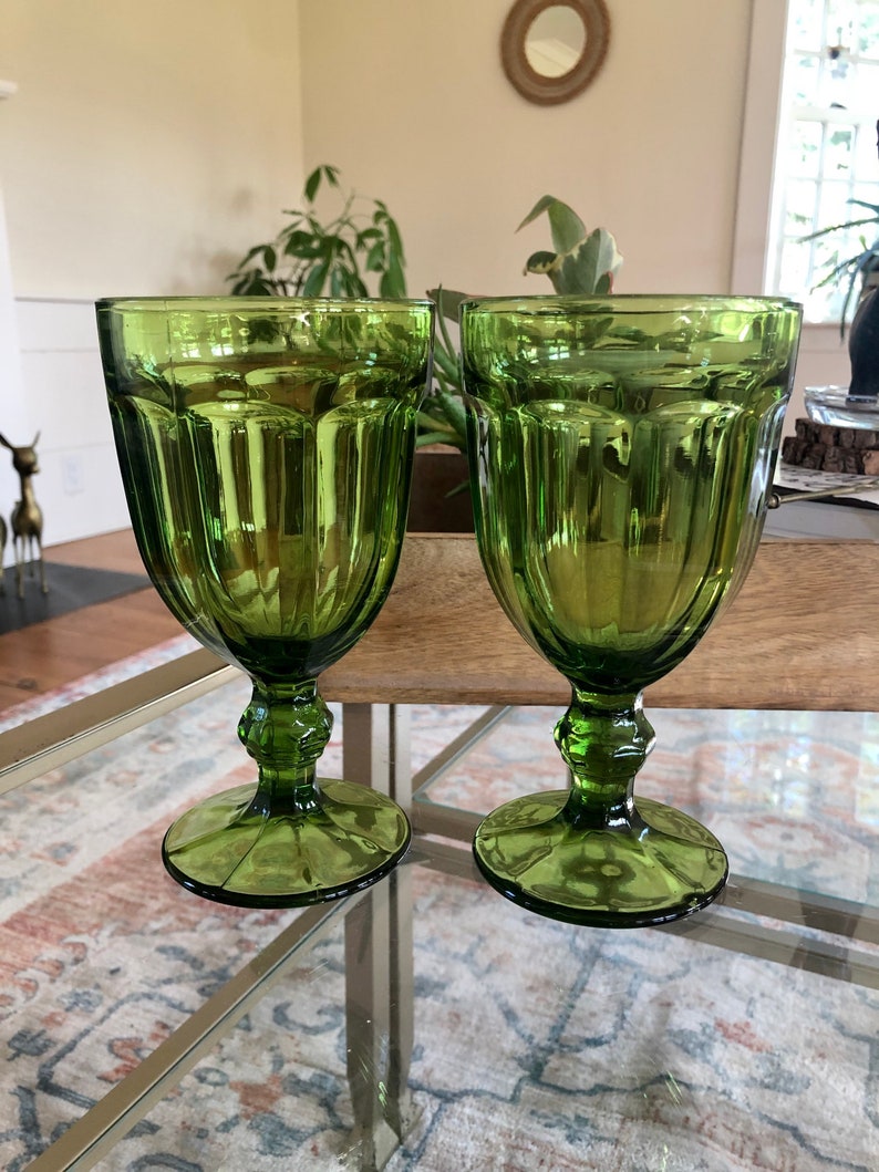 Vintage Pair of Large Green Glass Wine/water Glasses Goblets Etsy