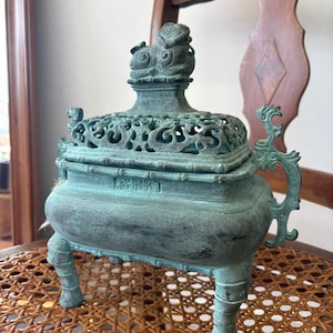 Chinese Bronze Incense Burner - Foo Dog Lid, Dragon Handles, Verdigris Patina, c. Mid-20th Century