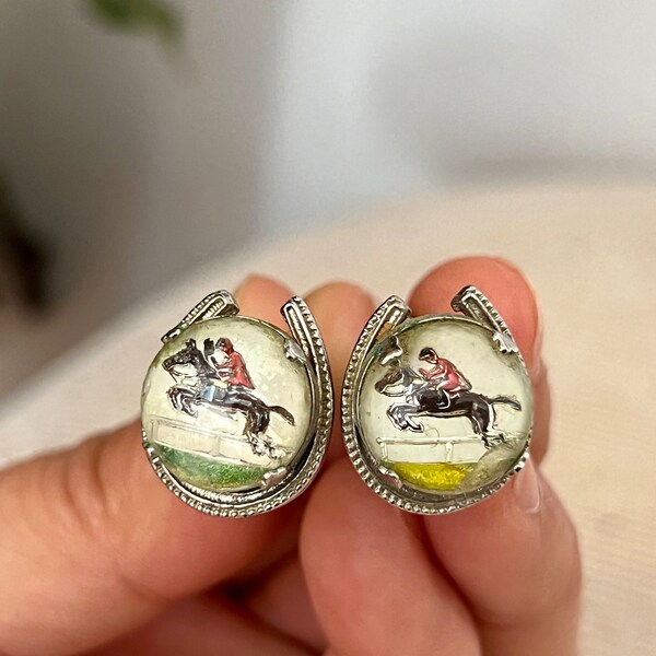 Vintage Horse Cufflinks, Horse Racing Gift, Kentucky Derby Cuff Links, Essex Glass, Equestrian Gambler, Bachelor Horse Gift, Horseshoe