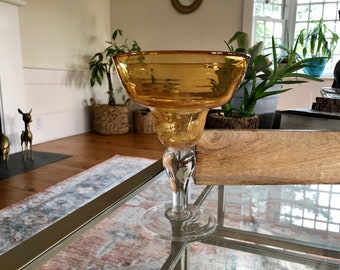 Vintage Mexican Hand Blown Yellow Margarita Glass, Hand Crafted Glass, Drink, Barware, Bubble Glass