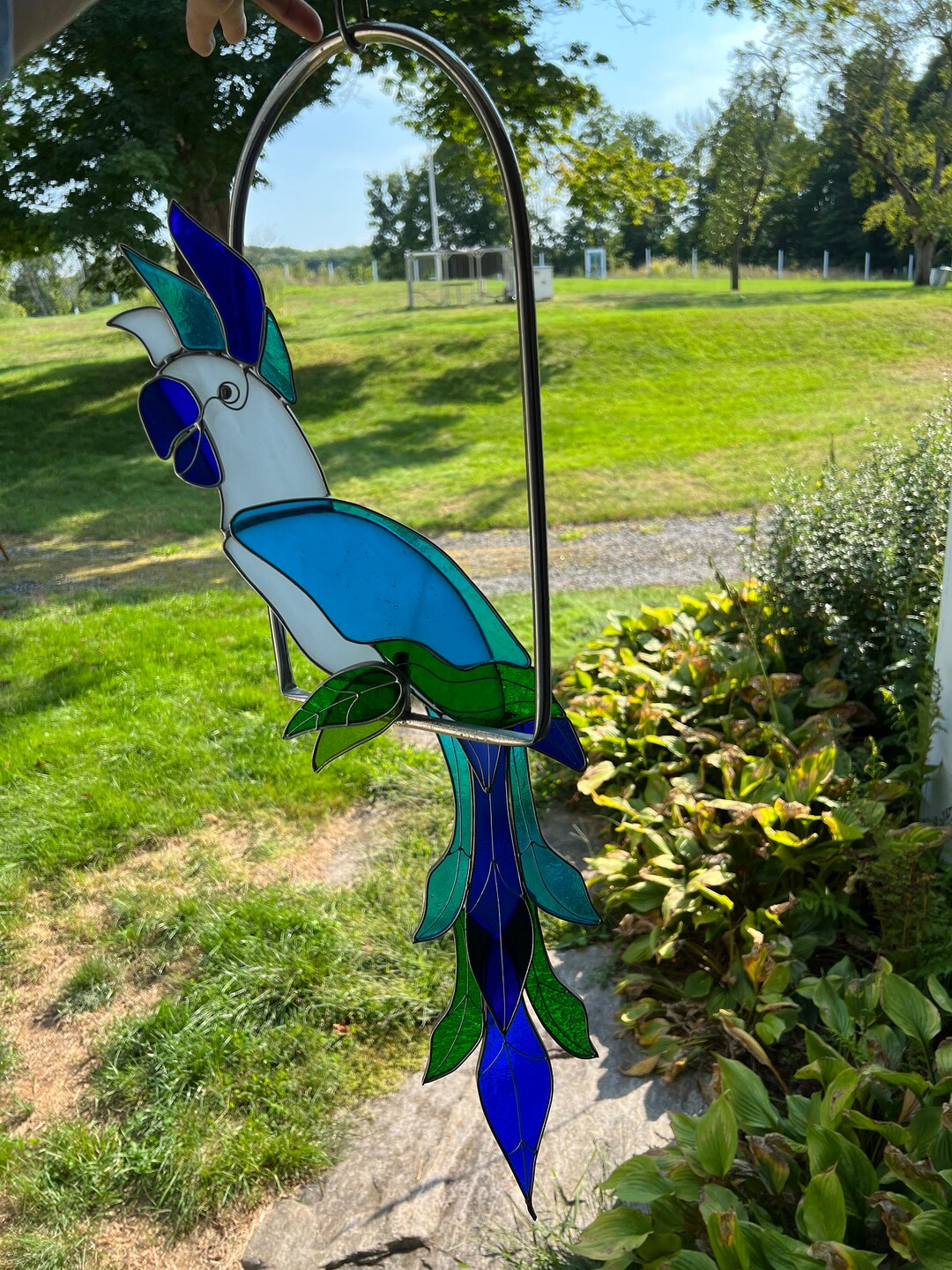 Large Stained Glass Parrot Suncatcher on Stand, Vintage Tiffany Style