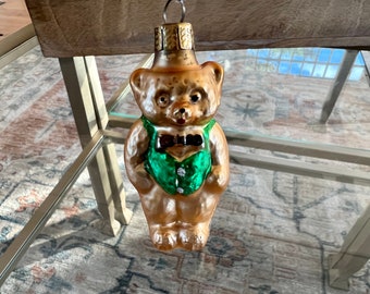 Vintage Mercury Glass Teddy Bear Christmas Ornament / Hand Painted / Holiday Decor