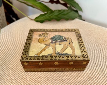 Vintage Gold Embossed Square Wooden Box, Camel Folk Art, Handmade Boho Box, Keepsake Box, Vintage Trinket Box, India