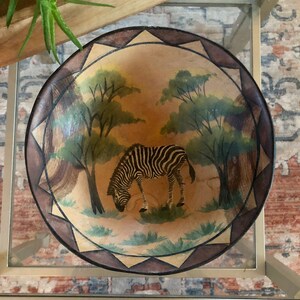 Vintage Wooden Hand Carved African Safari Bowl, Hand Painted Zebra Dish