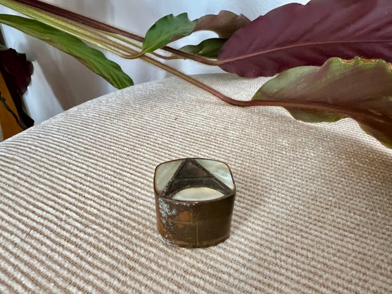 Vintage Brass and Mother of Pearl Ring Box, Pill … - image 1