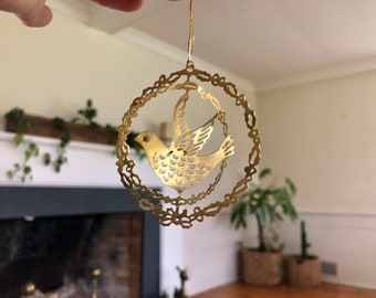 Gold, Dove Bird Partridge, Etched Christmas Ornament, Holiday Brass