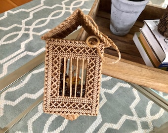 Vintage Plastic Canvas Birdcage with Bird, Handmade Beige Yarn Bird Cage