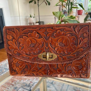 Cartera de mano vintage de cuero repujado, bolso de mano grande, monedero, cuero marrón, cuero con diseño floral, repujado a mano, estilo campestre, estilo western