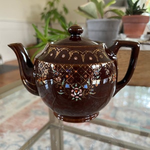 Vintage Japan Redware Teapot, Ceramic Royal Hand Painted Brown Tea Pot