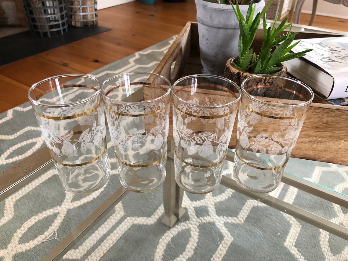 Set of Four Vintage Gold Rimmed Crystal Drink Glasses Raised Etsy