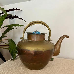 Vintage Copper & Brass Tea Kettle, Teapot with Ceramic Knob Detail, Country Cottage Tea Kettle, Kitchen Coffee Pot