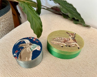 Pair of Vintage Needlepoint Jewelry Boxes, Ring Tapestry Box, Fawn, Ram Embroidered Box, Trinket Boxes