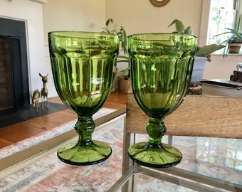 Vintage Pair of Large Green Glass Wine/Water Glasses, Goblets