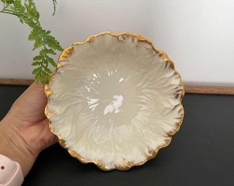 Lenox Embossed Chrysanthemum Leaf Dish - Gold Scalloped Rim, Footed, Made in USA