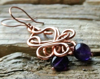 Genuine purple amethyst earrings, copper Celtic heart drops, amethyst Celtic hearts, heart jewelry, celtic jewellery, made in Wales