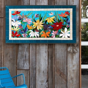 MADE TO ORDER 4ft custom floral garden mosaic mural - indoor home / outdoor patio decor handmade with stained glass