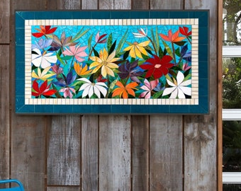 MADE TO ORDER 4ft custom floral garden mosaic mural - indoor home / outdoor patio decor handmade with stained glass