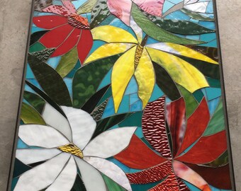 TROPICAL FLOWERS MOSAIC wall art -indoor / outdoor art -home decor - handcrafted stained glass mural