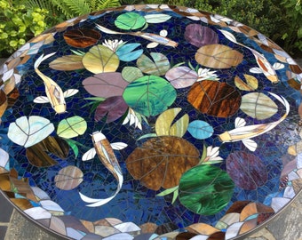 MOSAIC KOI POND - stained glass mosaic art - 48” round indoor or outdoor home decor dining furniture made to order