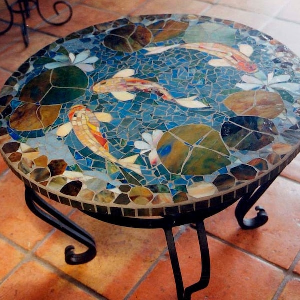 MOSAIC KOI TABLE - custom order tabletop - 30" end table mosaic koi table mosaic art