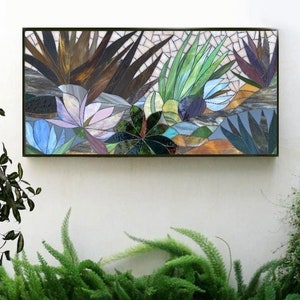 SUCCULENT MOSAIC WALL art panel - indoor or outdoor home decor- patio wall art- bathroom wall mosaic art - glass mosaics made to order