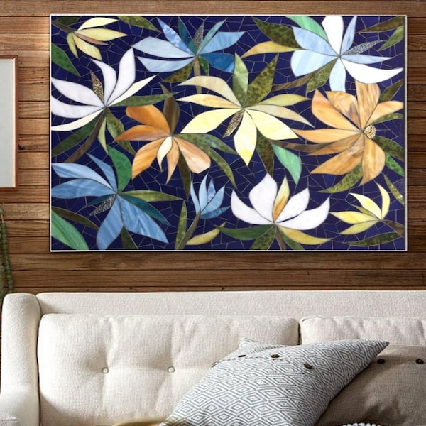 Floral Stained Glass Mosaic Panel - Cobalt Blue, Custom Wall Art (36x30)