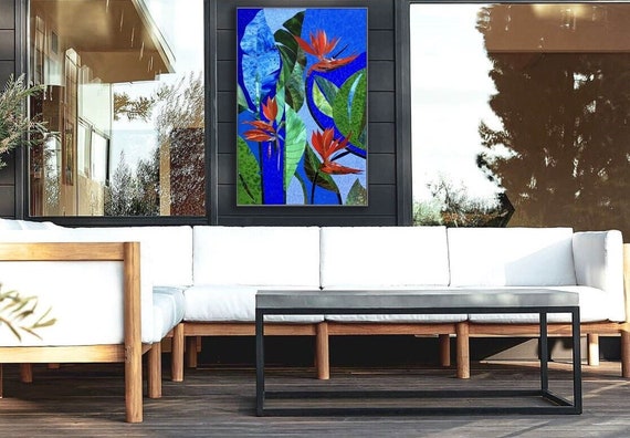Birds of Paradise Art Glass Hanging Window Panel 20.5" x 14" Country Home Decor 