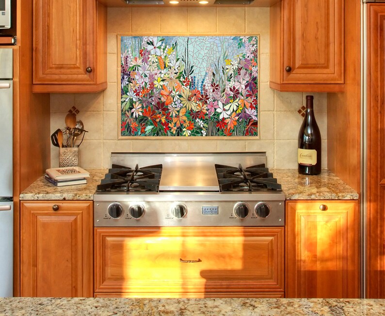 custom kitchen mosaic backsplash art hand cut stained glass | etsy