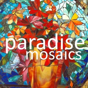 May include: A mosaic art piece featuring a vase filled with red, orange, and yellow flowers. The vase is a warm orange color and the background is a mix of blue, green, and white tiles. The text "paradise mosaics" is displayed below the vase.