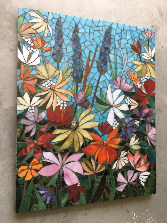 Floral Mosaic Wall Art, Colorful Flower Painting, Botanical Home Decor Outdoor Art