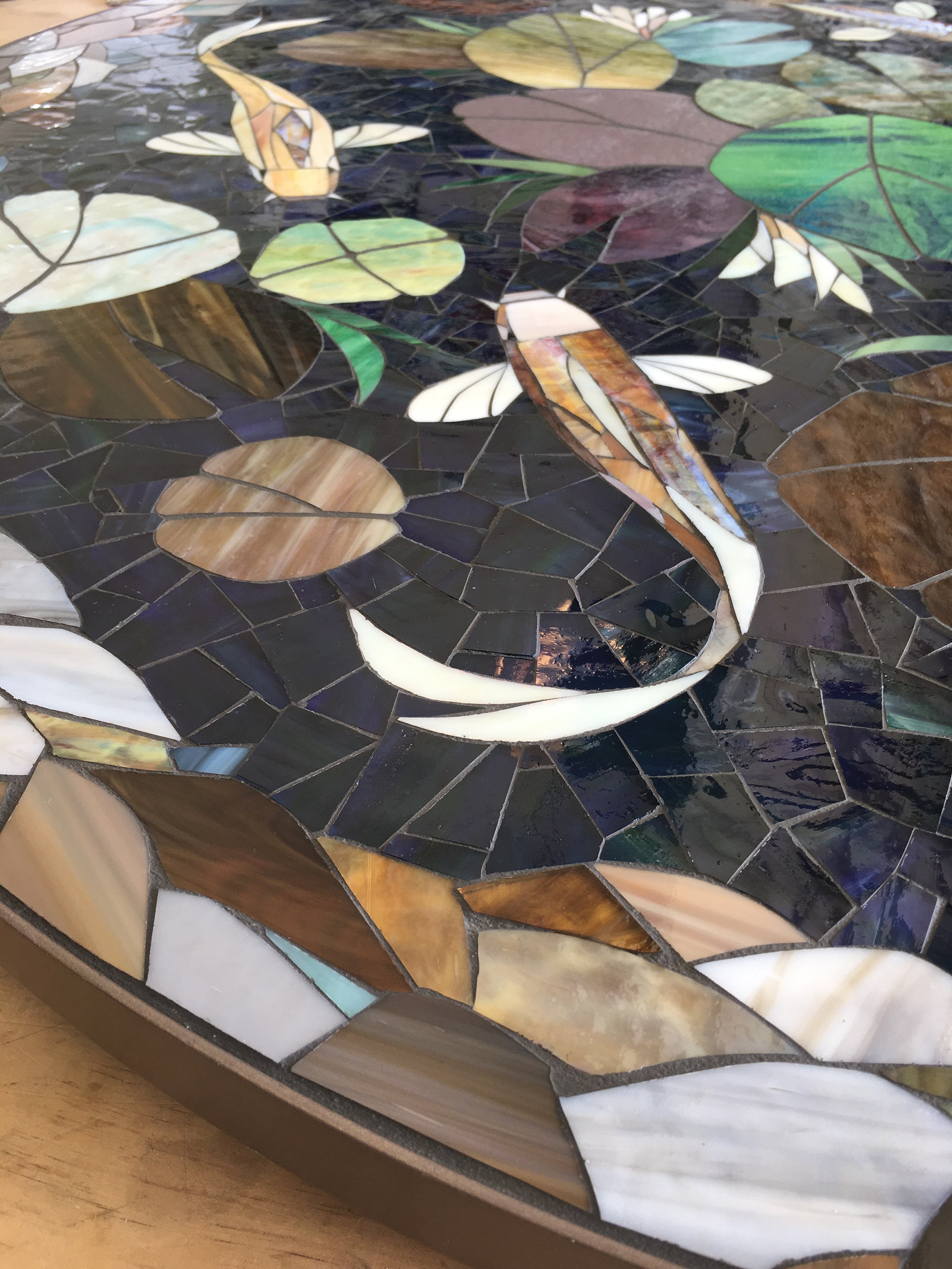 Handcrafted Stained Glass Mosaic Koi Pond Table Top - 48” Custom