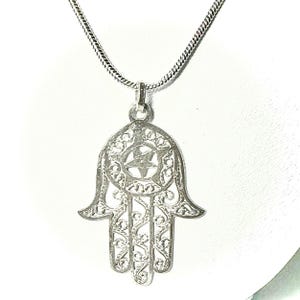 GET 50% OFF! Vintage Sterling Silver Hamsa Hand Pendant Necklace, Filigree Hamsa Hand Necklace, Israel, Rare!