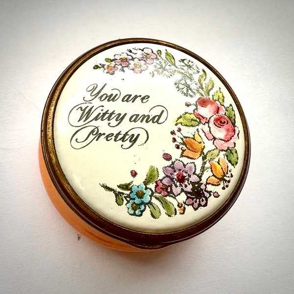 Get 50% Off!  Vintage Bilson and Battersea London Halcyan Days Enamel “You are Witty and Pretty” Trinket Box,