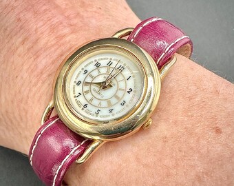 Vintage Windsor Gold Tone Watch: MOP Dial, Plum Leather Band