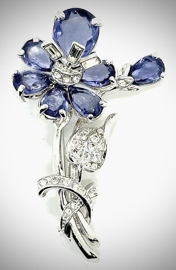 Nolan Miller Signed Purple Wildflower Brooch, Rhodium Plated Pave Crystals