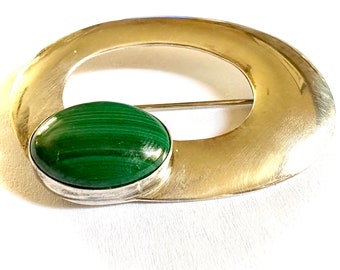 50 OFF! Vintage Green Malachite Sterling Silver Pin/ Brooch, 10.5 grams, Authentic Green Malachite Sterling Silver Pin, NICE