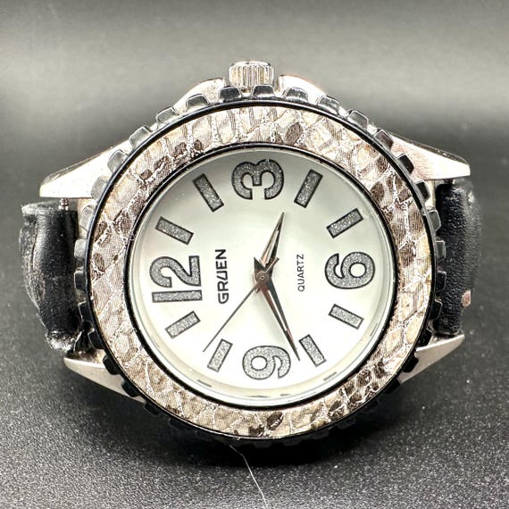 Vintage Gruen Quartz Watch: Large Face, Black Leather Band, New