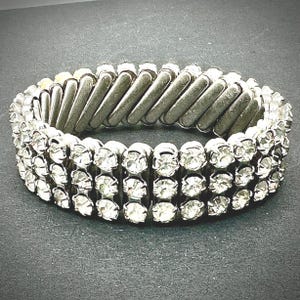 50% Off! Vintage 1950’s Three Row Rhinestone Expansion Bracelet, Silver Rhodium Plated, wedding jewelry, NICE!