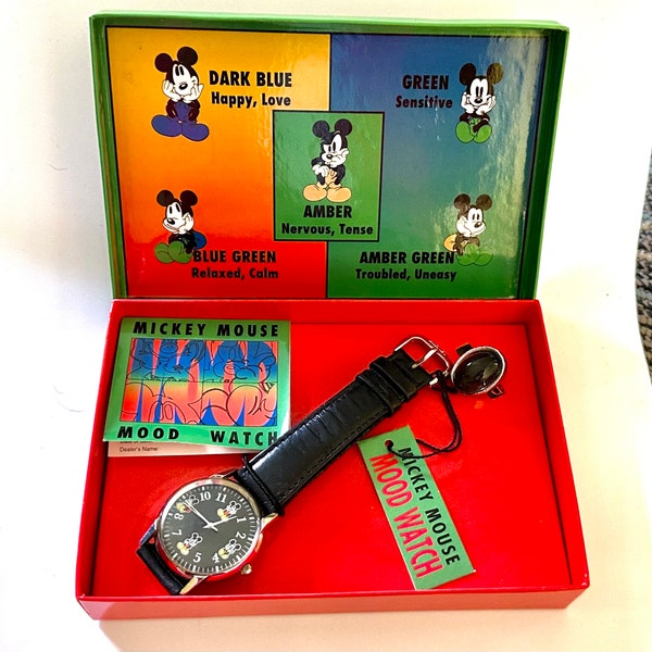 vintage Disney Mickey Mouse humeur changeante montre et bague, pile neuve, dans la boîte, rare !