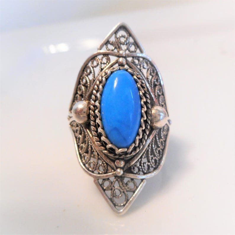 SALE Size 7 Vintage Sleeping Beauty Turquoise Filigree Ring Large Genuine Turquoise Sterling Silver Goth Biker Ring 9.8g Women/'s Rings