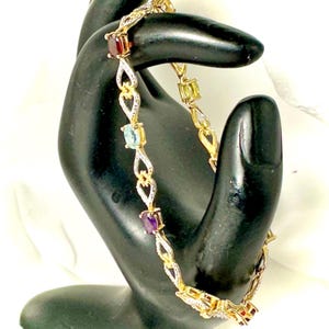 50% OFF! Vintage Multi Color Genuine Multi Gemstones Sterling Silver Gold Plated Link Bracelet, 8”, GIA Authenticated
