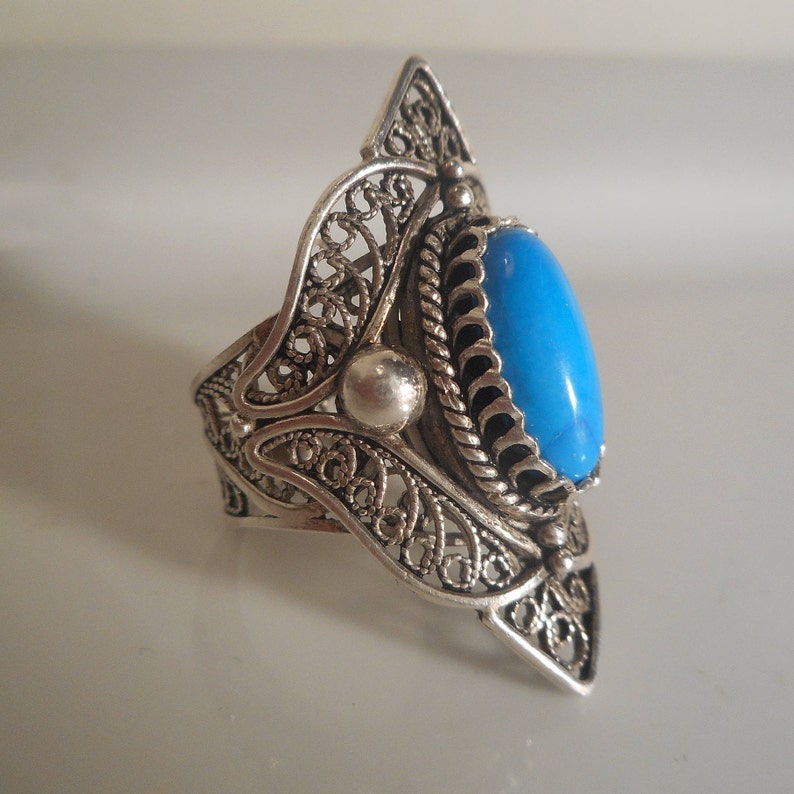 SALE Size 7 Vintage Sleeping Beauty Turquoise Filigree Ring Large Genuine Turquoise Sterling Silver Goth Biker Ring 9.8g Women/'s Rings
