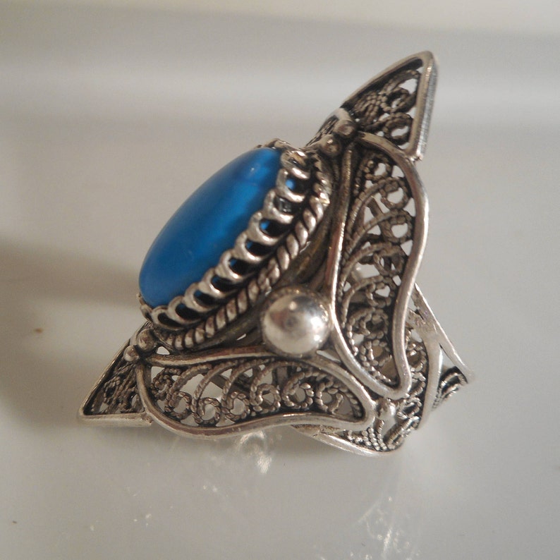 SALE Size 7 Vintage Sleeping Beauty Turquoise Filigree Ring Large Genuine Turquoise Sterling Silver Goth Biker Ring 9.8g Women/'s Rings